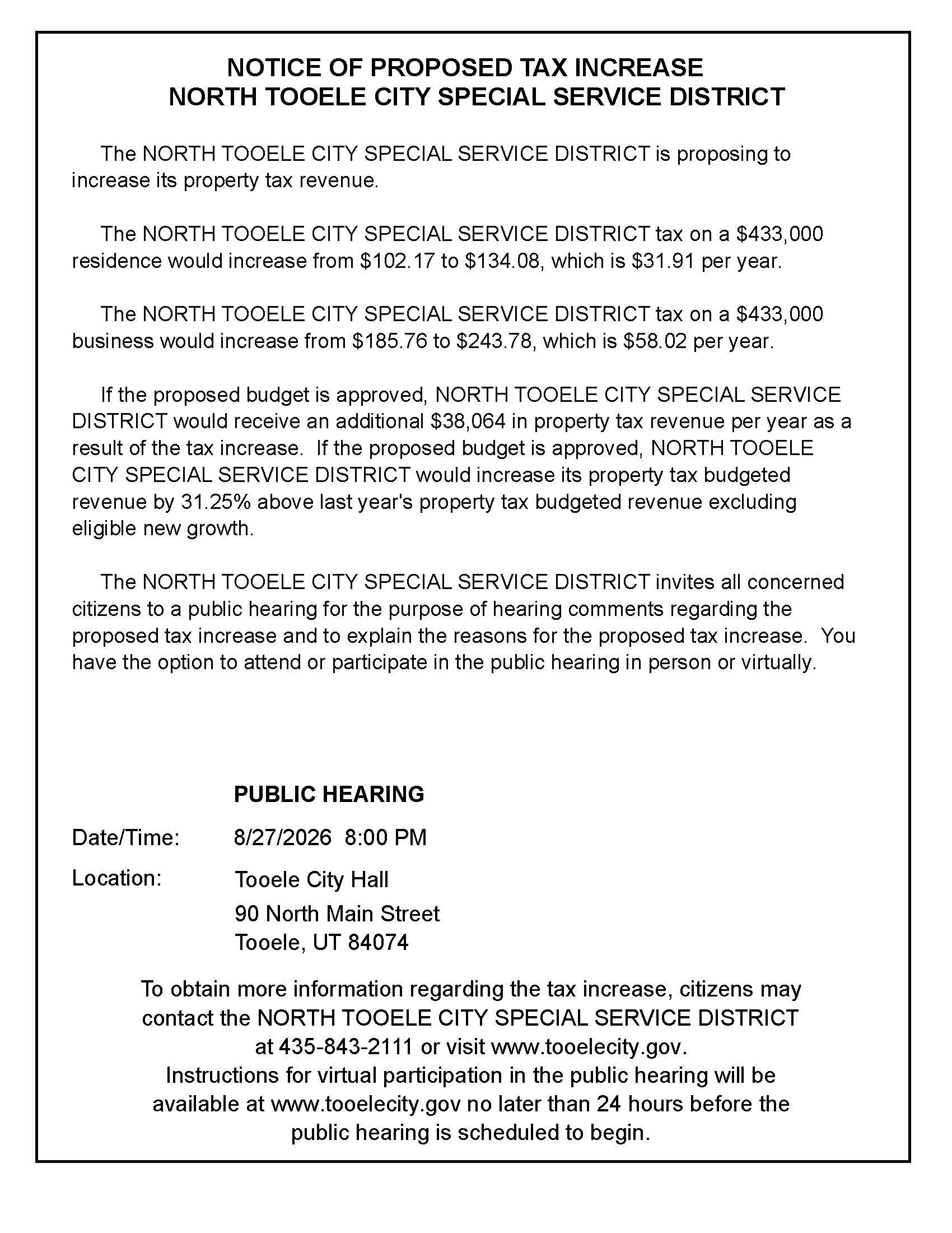 Notice of Proposed Tax Increase North Tooele City Special Service District Public Hearing on 08/27/2026 at 8:00 p.m.